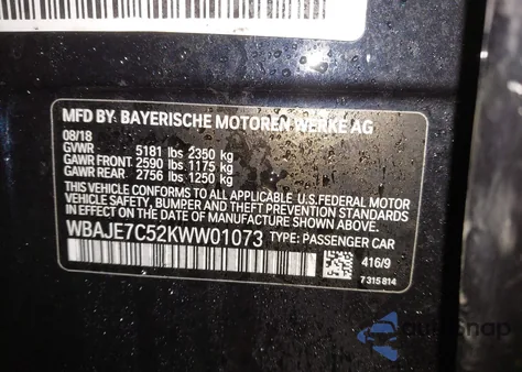 2019 BMW 540I xDrive z USA, uszkodzony, nr VIN WBAJE7C52KWW01073